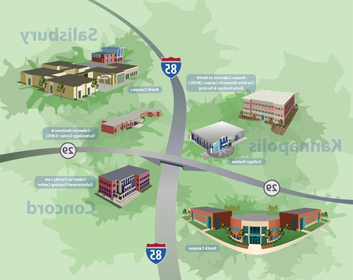 Graphic map of all Rowan-Cabarrus campuses